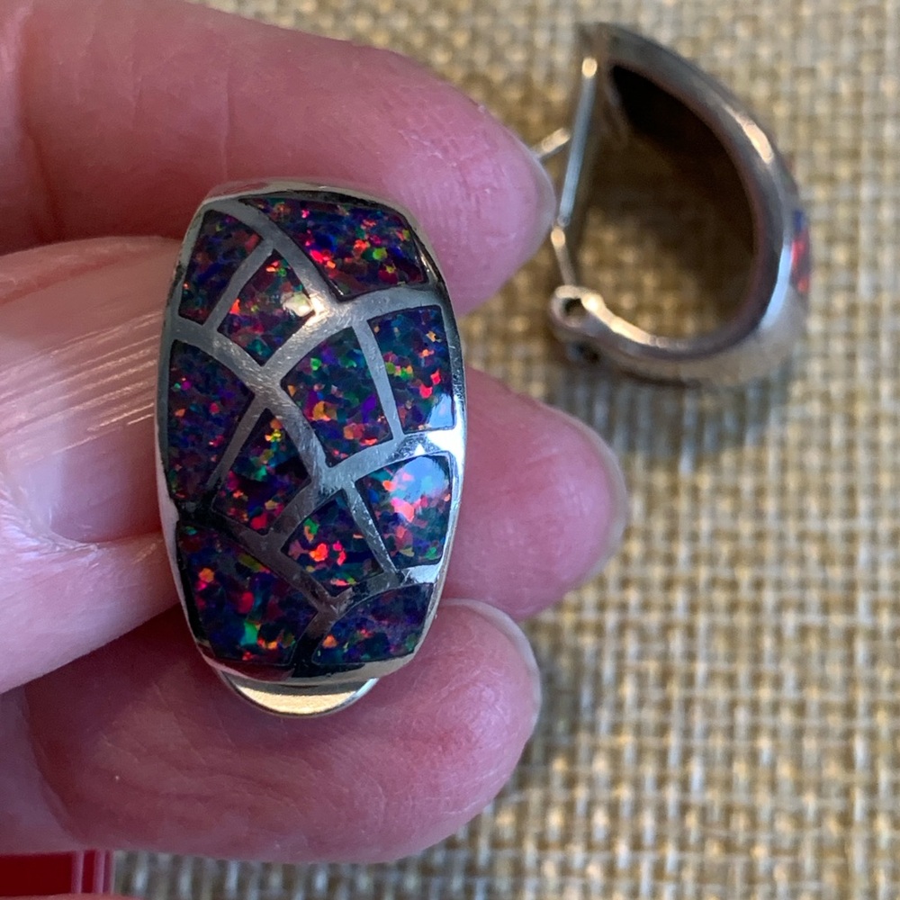 Genuine black opal inlay sterling earrings.